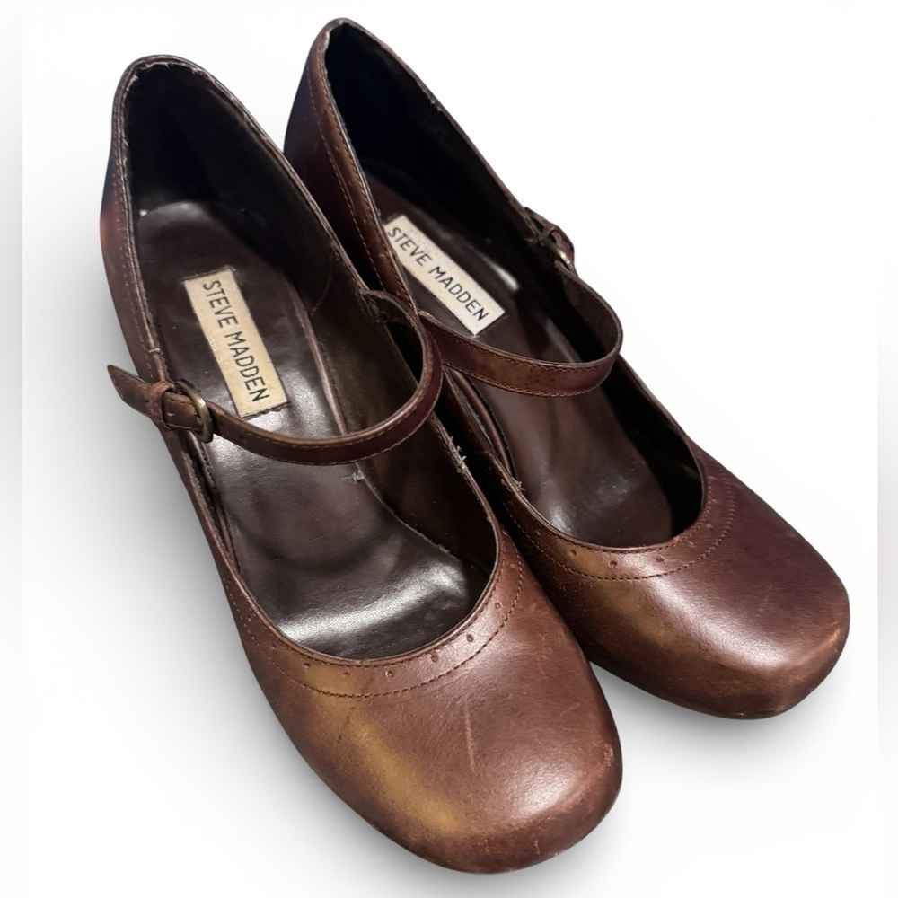 Vintage Steve Madden Brown Leather Mary Jane Pumps with Straps